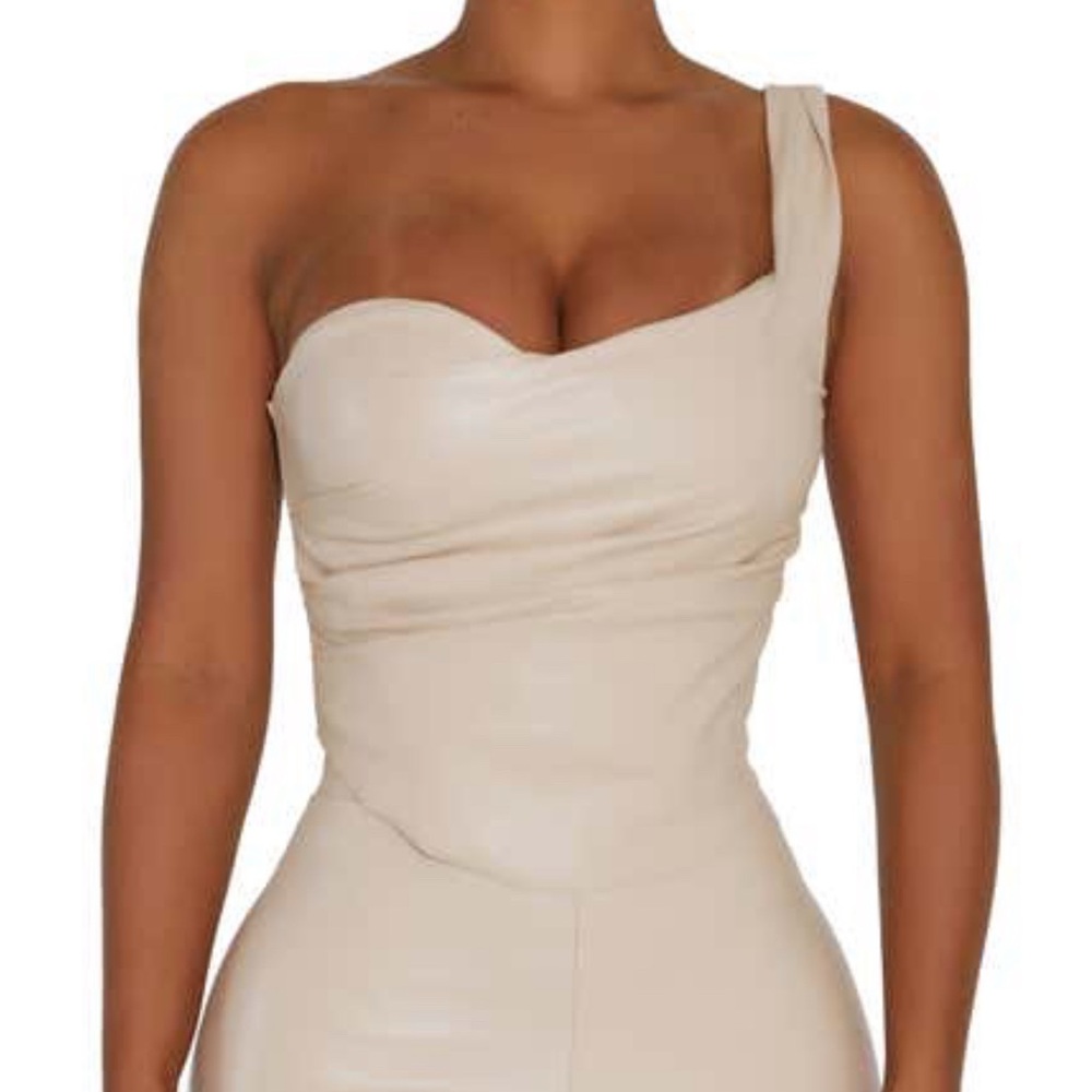 Naked Wardrobe Faux-Ever Leather One-Shoulder Corset Top